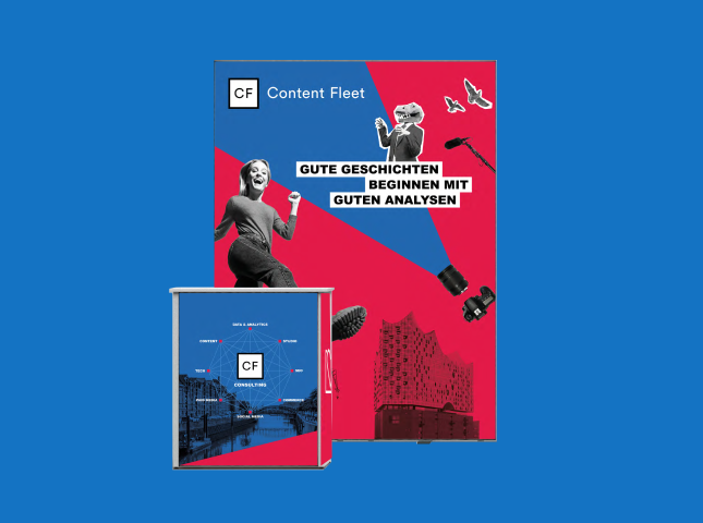Aufsteller "Gute Geschichten beginnen mit guten Analysen" für Content Fleet
