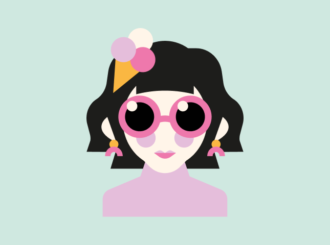 Von twotype entworfene Illustration einer Frau mit Sonnenbrille, Ohrringen und Eiswaffel im Haar