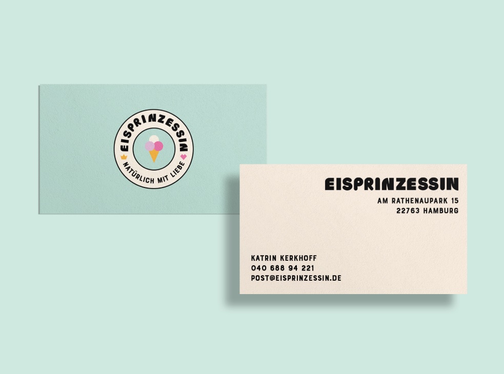 Zwei von twotype design gestaltete Visitenkarten der Eisdiele Eisprinzessin Hamburg