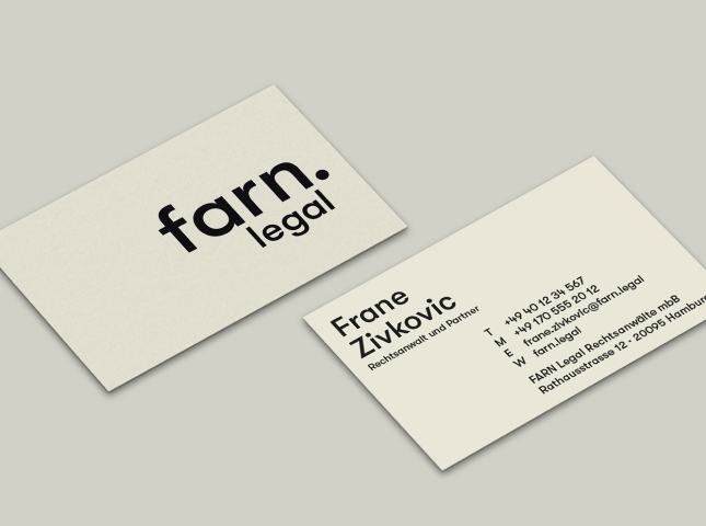Zwei von twotype design gestaltete Visitenkarten der Hamburger Kanzlei Farn Legal