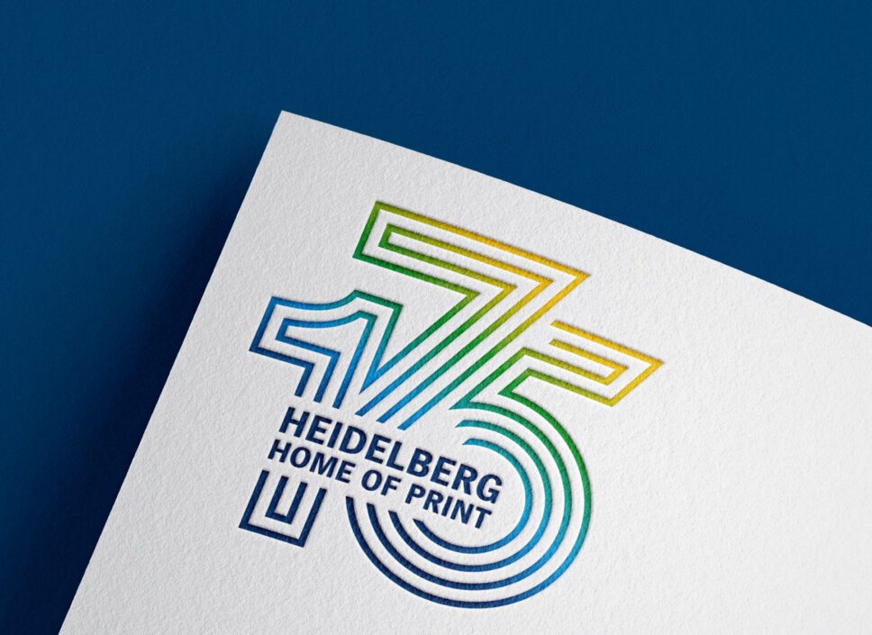 Von twotype designtes Jubiläumslogo der Heidelberger Druckmaschinen AG mit dem Text "175 – Heidelberg – Home of Print"