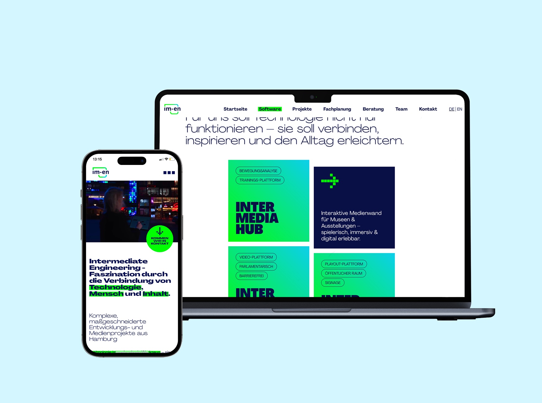 Desktop- und Mobile-Ansicht der von twotype designten Website des Hamburger Ingenieurbüros Intermediate Engineering