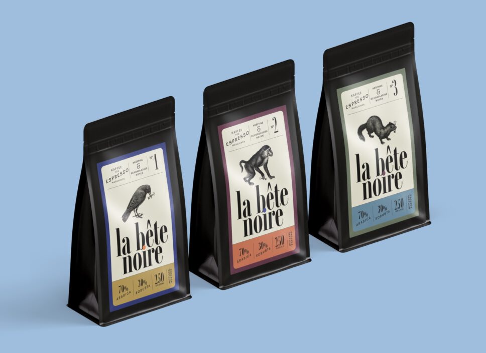 Drei Espresso-Verpackungen der Hamburger Kaffeerösterei la bête noire im Packaging-Design von twotype