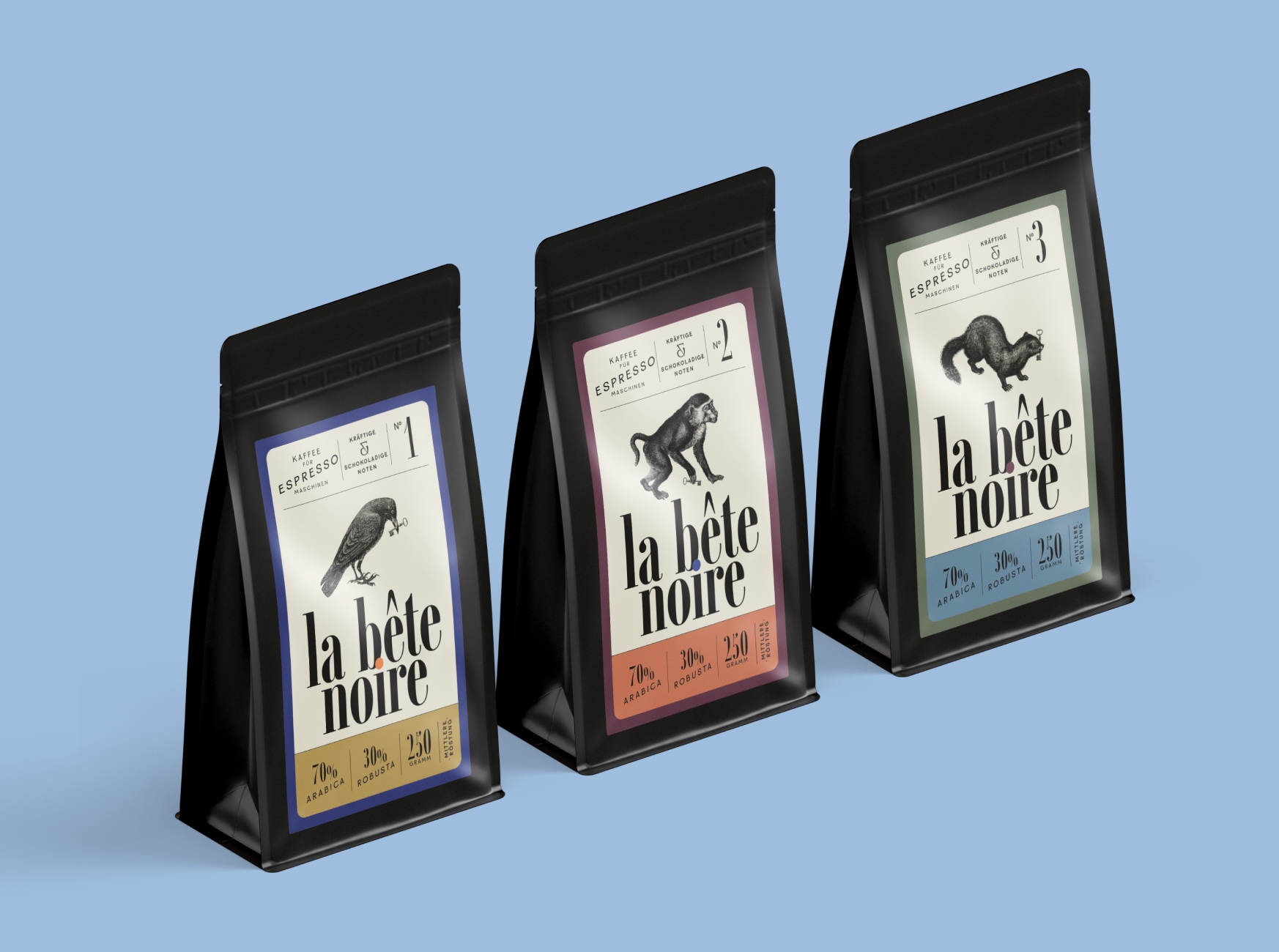 Drei Espresso-Verpackungen der Hamburger Kaffeerösterei la bête noire im Packaging-Design von twotype