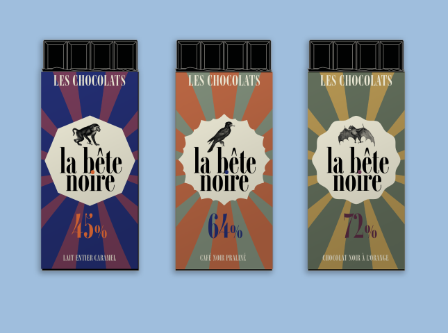 Drei Schokoladentafeln der Hamburger Kaffeerösterei la bête noire im Packaging-Design von twotype
