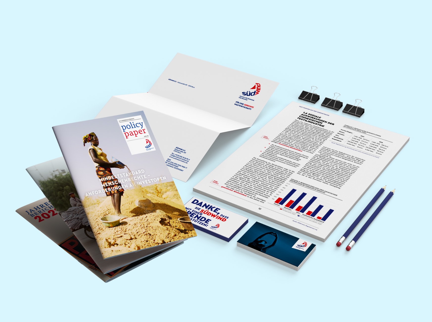 Von twotype designte Visitenkarten, Infobroschüren, Infoblätter und Visitenkarten für das Südwind-Institut aus Bonn