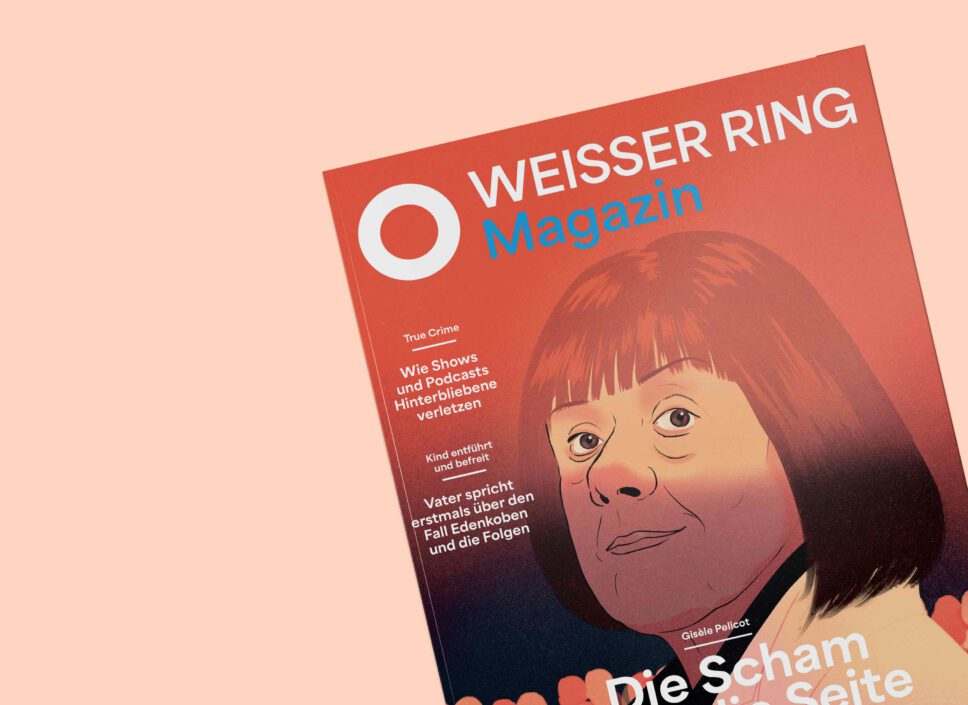 Cover des von twotype gestalteten Weisser Ring Magazins 01/25 mit einer Illustration von Gisèle Pelicot auf dem Titel