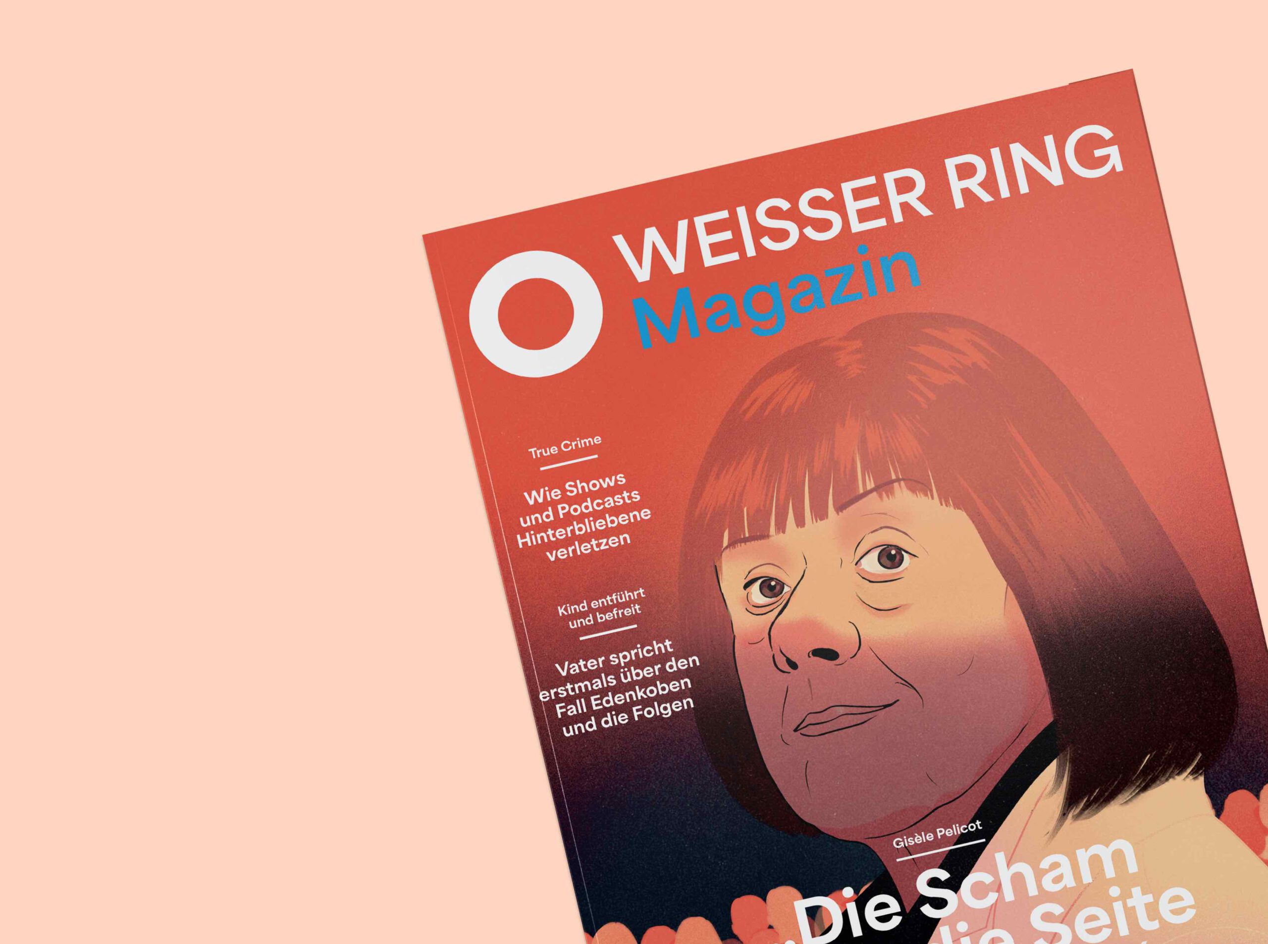 Cover des von twotype gestalteten Weisser Ring Magazins 01/25 mit einer Illustration von Gisèle Pelicot auf dem Titel