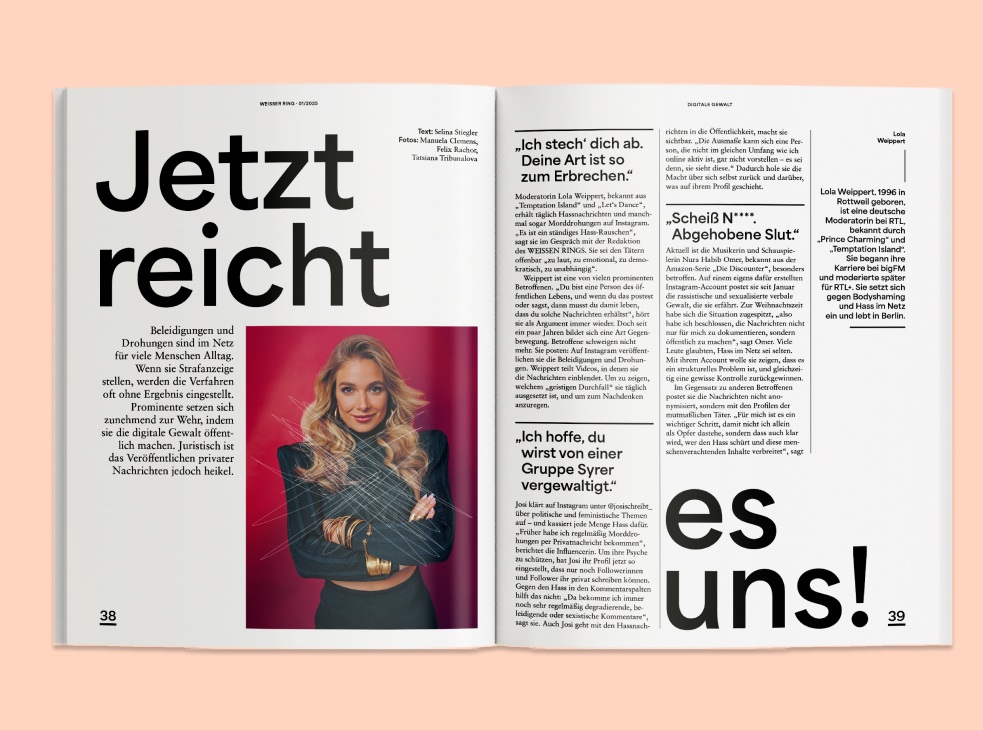 Artikel "Jetzt reicht es uns!" im Weisser Ring Magazin 01/25 über Cybermobbing