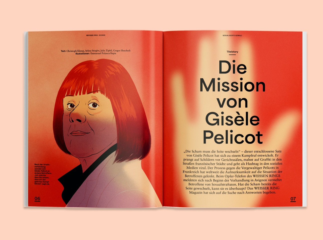 Von twotype gestaltete Doppelseite der Titelstory "Die Mission von Gisèle Pelicot" im Weisser Ring Magazin 01/25 mit Illustration