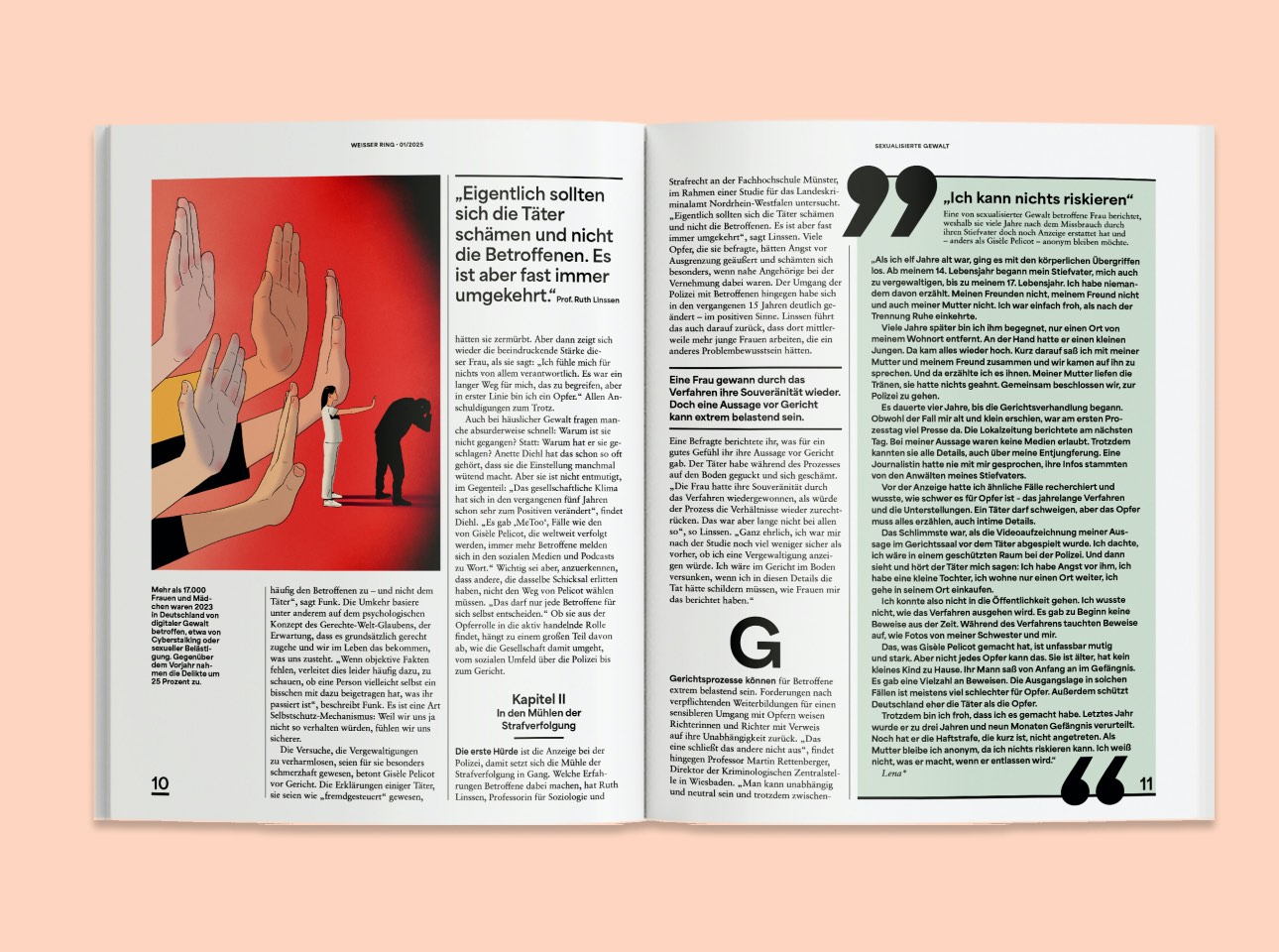 Doppelseite der Titelstory "Die Mission von Gisèle Pelicot" im Weisser Ring Magazin 01/25