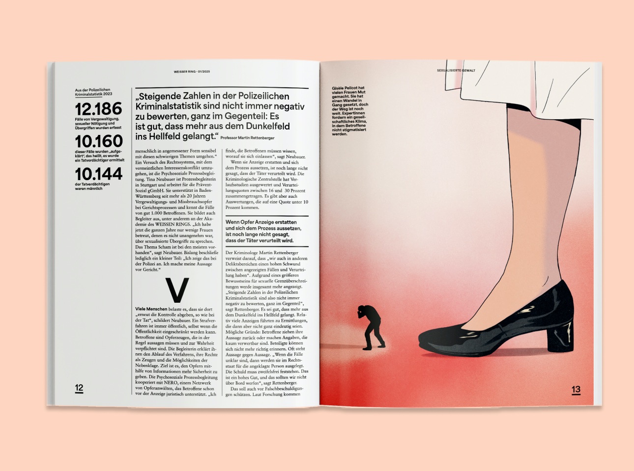 Doppelseite der Titelstory "Die Mission von Gisèle Pelicot" im Weisser Ring Magazin 01/25