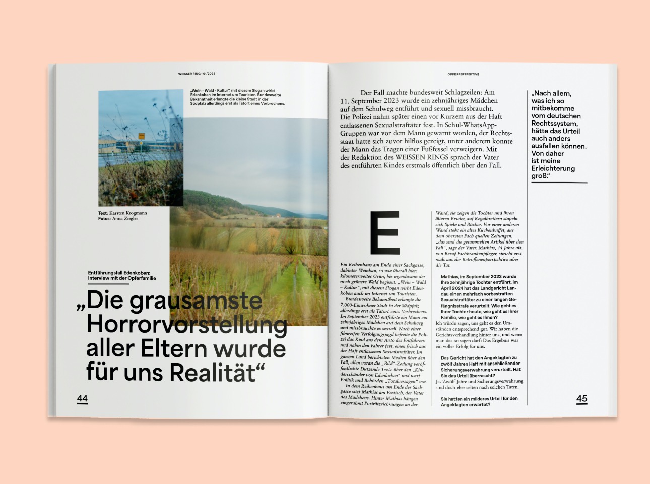 Doppelseite eines Interviews mit der Opferfamilie zum Entführungsfall in Edenkoben im Weisser Ring Magazin 01/25