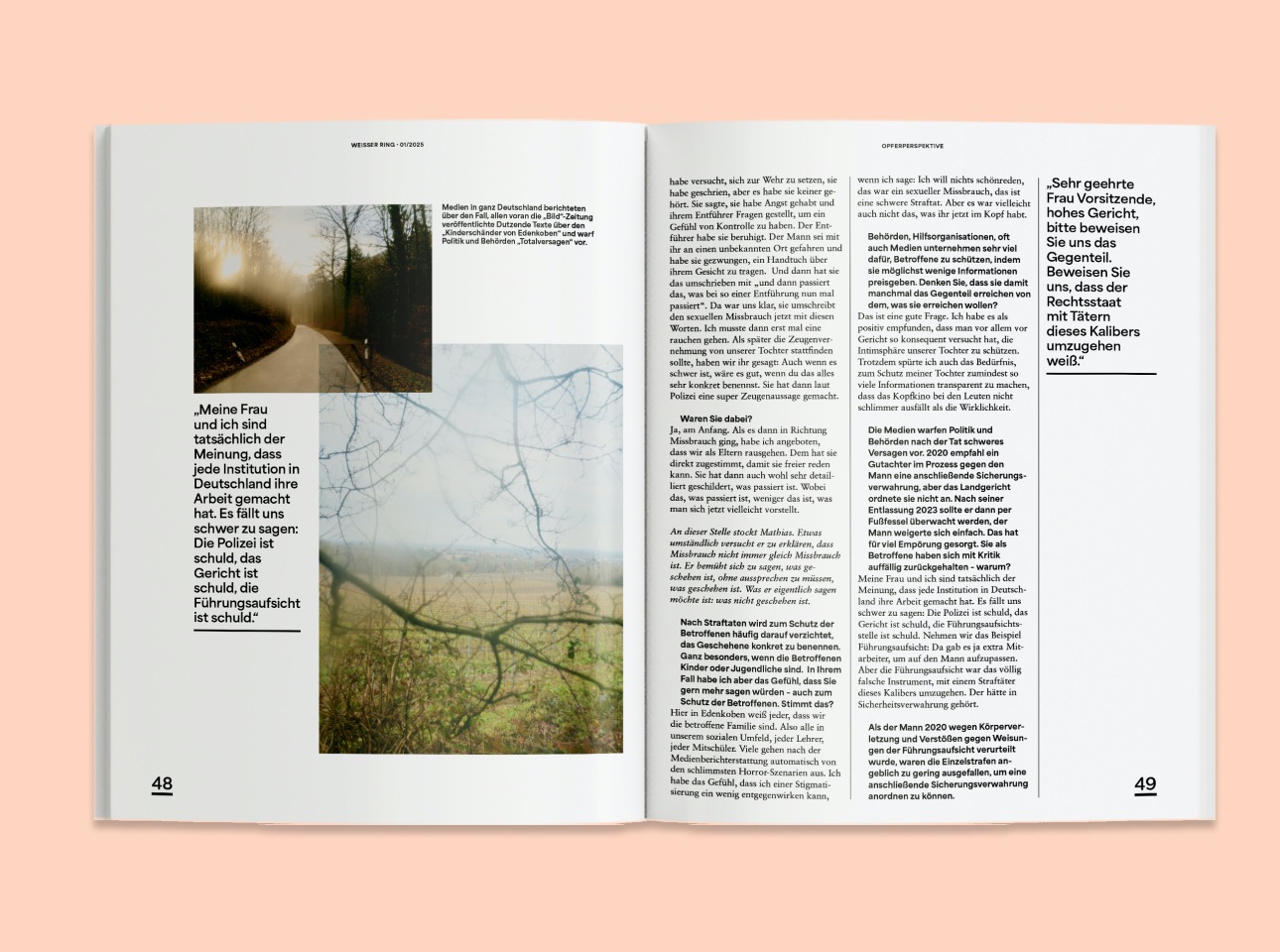 Doppelseite eines Interviews mit der Opferfamilie zum Entführungsfall in Edenkoben im Weisser Ring Magazin 01/25