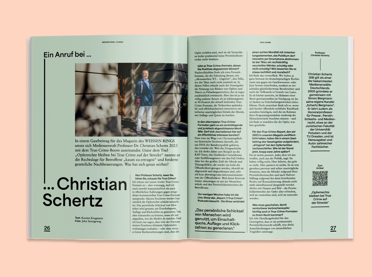 Doppelseite Rubrik "Ein Anruf bei … Christian Schertz" im Weisser Ring Magazin 01/25