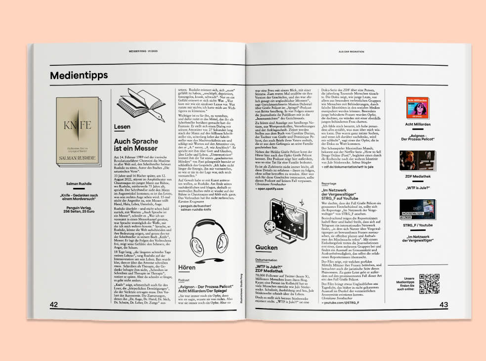 Doppelseite Medientipps im Weisser Ring Magazin 01/25