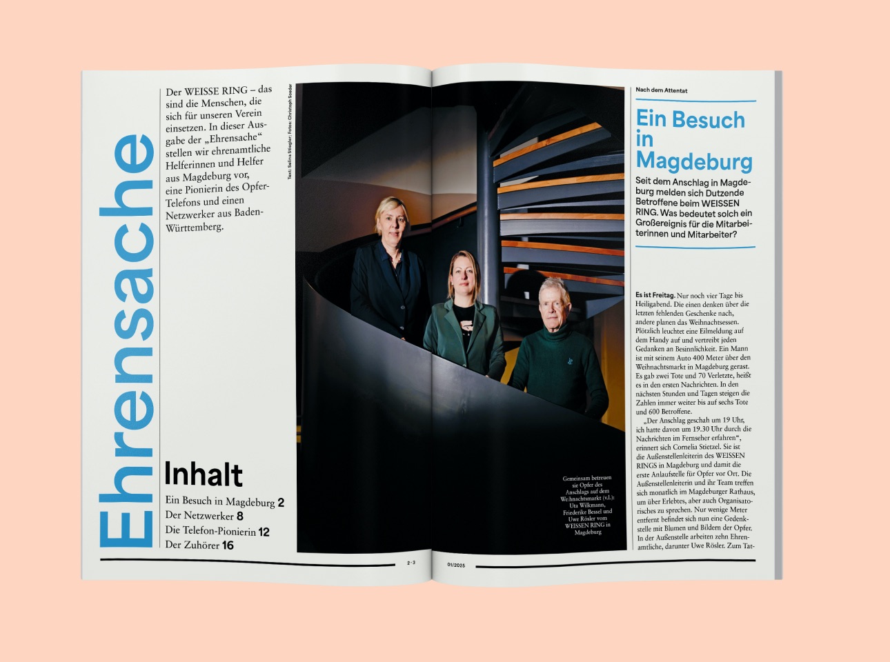 Doppelseite Artikel "Ein Besuch in Magdeburg" in der Rubrik "Ehrensache" im Weisser Ring Magazin 01/25