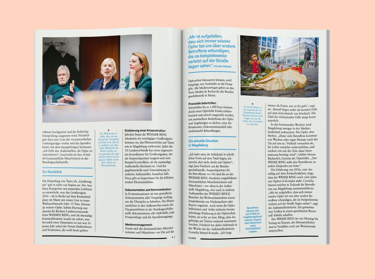 Doppelseite Artikel "Ein Besuch in Magdeburg" in der Rubrik "Ehrensache" im Weisser Ring Magazin 01/25