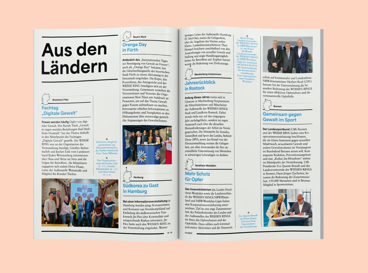Doppelseite Rubrik "Aus den Ländern" im Weisser Ring Magazin 01/25