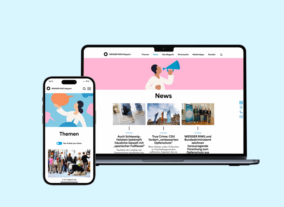 Von twotype designte Weisser Ring Magazin Website auf Laptop und Smartphone