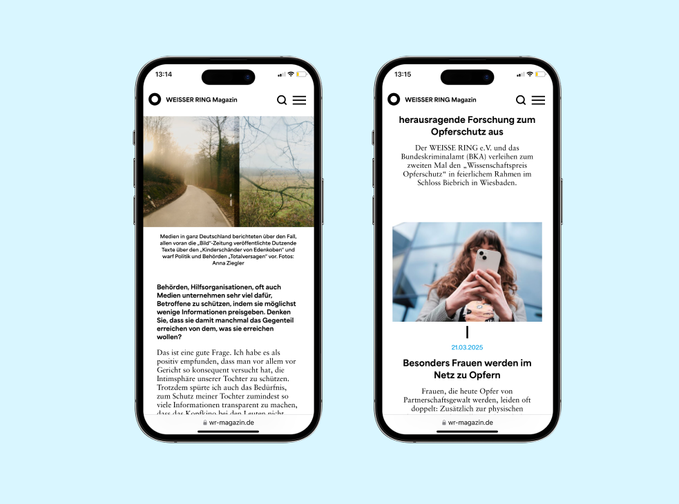 Von twotype designte Weisser Ring Magazin Website auf zwei Smartphones