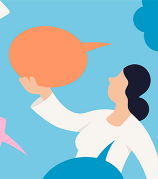 Von twotype in Auftrag gegebene Illustration einer Frau mit Sprechblase in der Hand