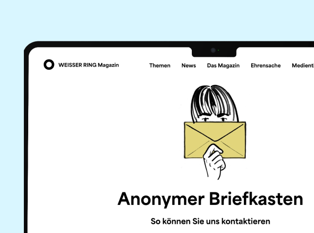 Laptop-Ansicht des Kontakformulars Anonymer Briefkasten auf der Weisser Ring Magazin Website
