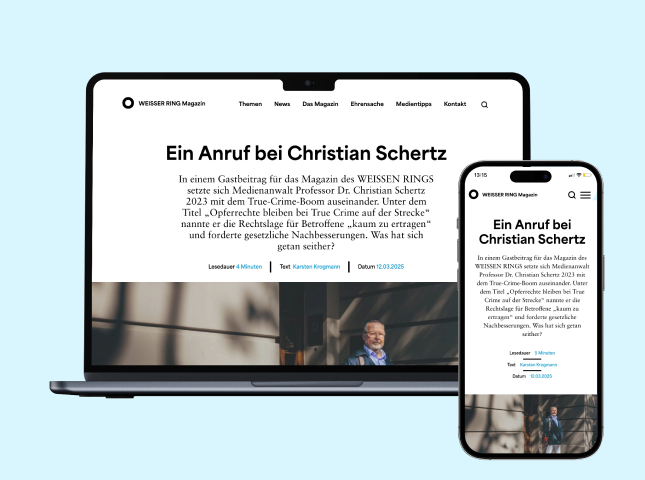 Artikel auf der Weisser Ring Magazin Website auf Laptop und Smartphone