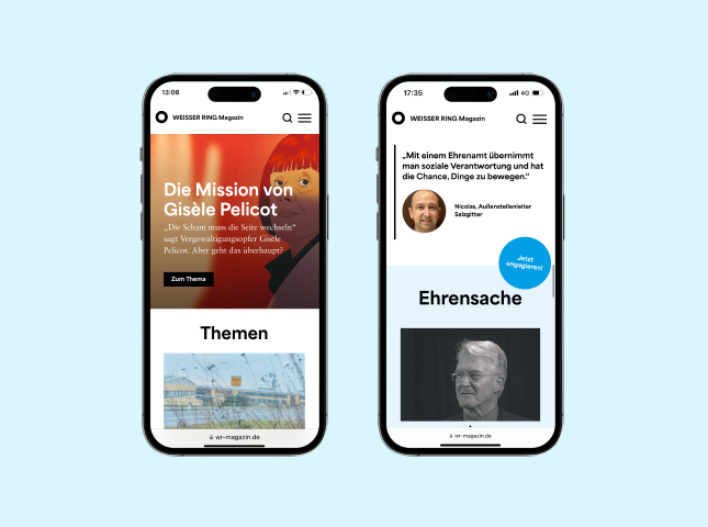 Von twotype designte Weisser Ring Magazin Website auf zwei Smartphones