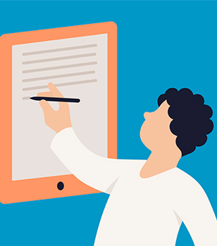Von twotype in Auftrag gegebene Illustration einer Person, die auf einem Tablet schreibt