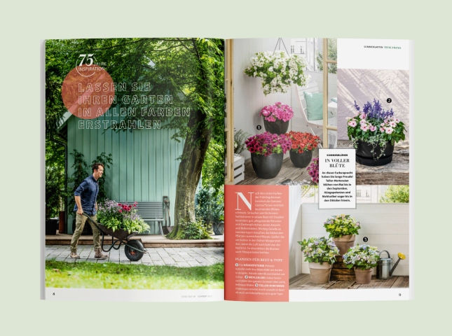 Doppelseite zum Thema Gartenblumen aus dem Deine Natur Kundenmagazin von Dehner