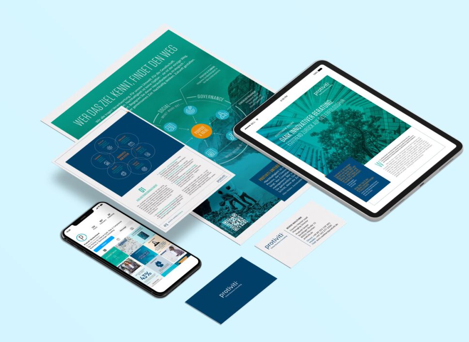 Von twotype gestaltetes Corporate Design für die Unternehmensberatung Protiviti in verschiedenen Medien