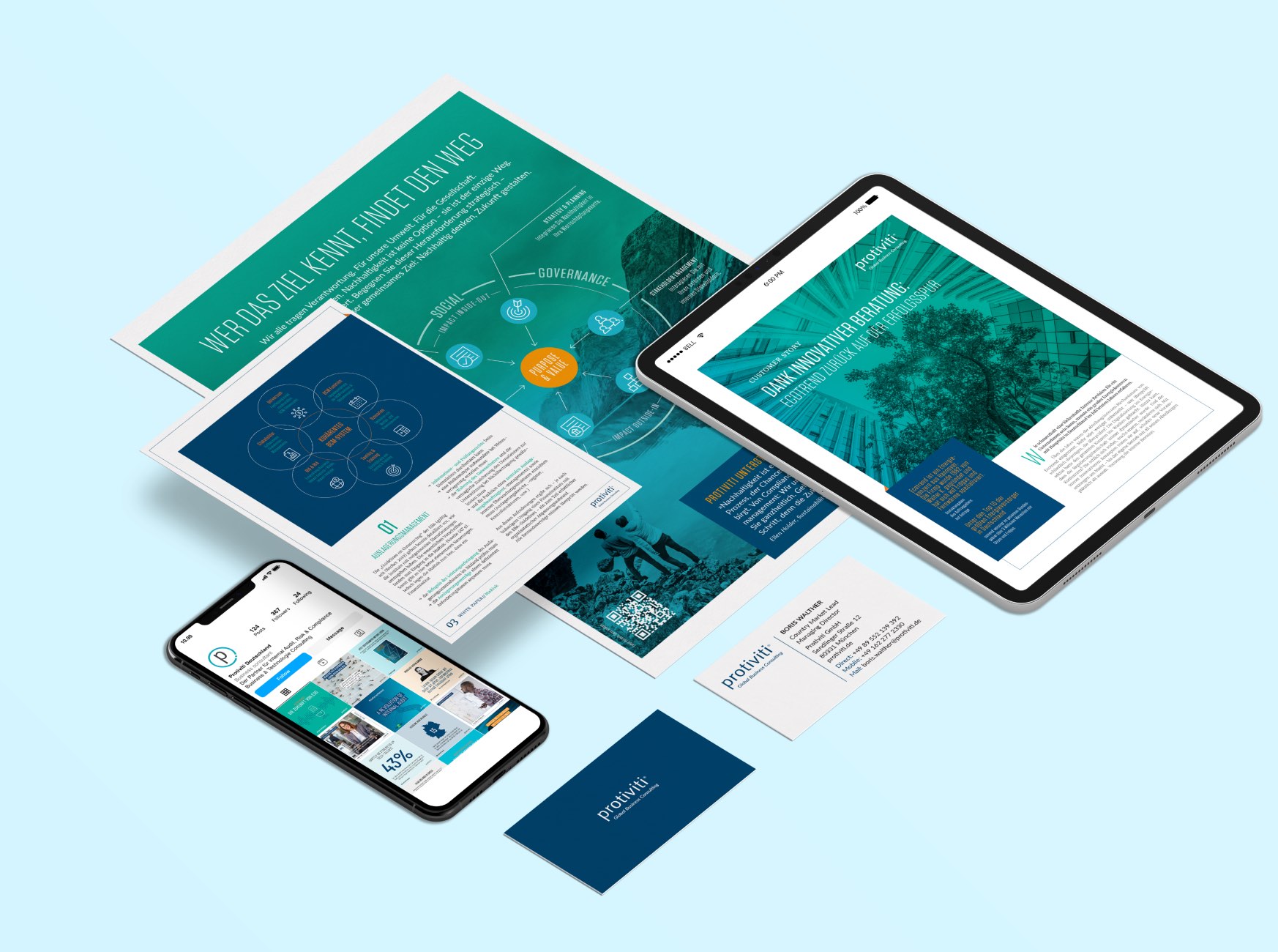 Von twotype gestaltetes Corporate Design für die Unternehmensberatung Protiviti in verschiedenen Medien