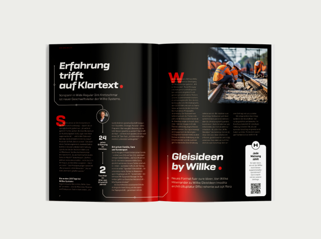 Eine Doppelseite im Stil des Willke Gleisbau Corporate Redesign