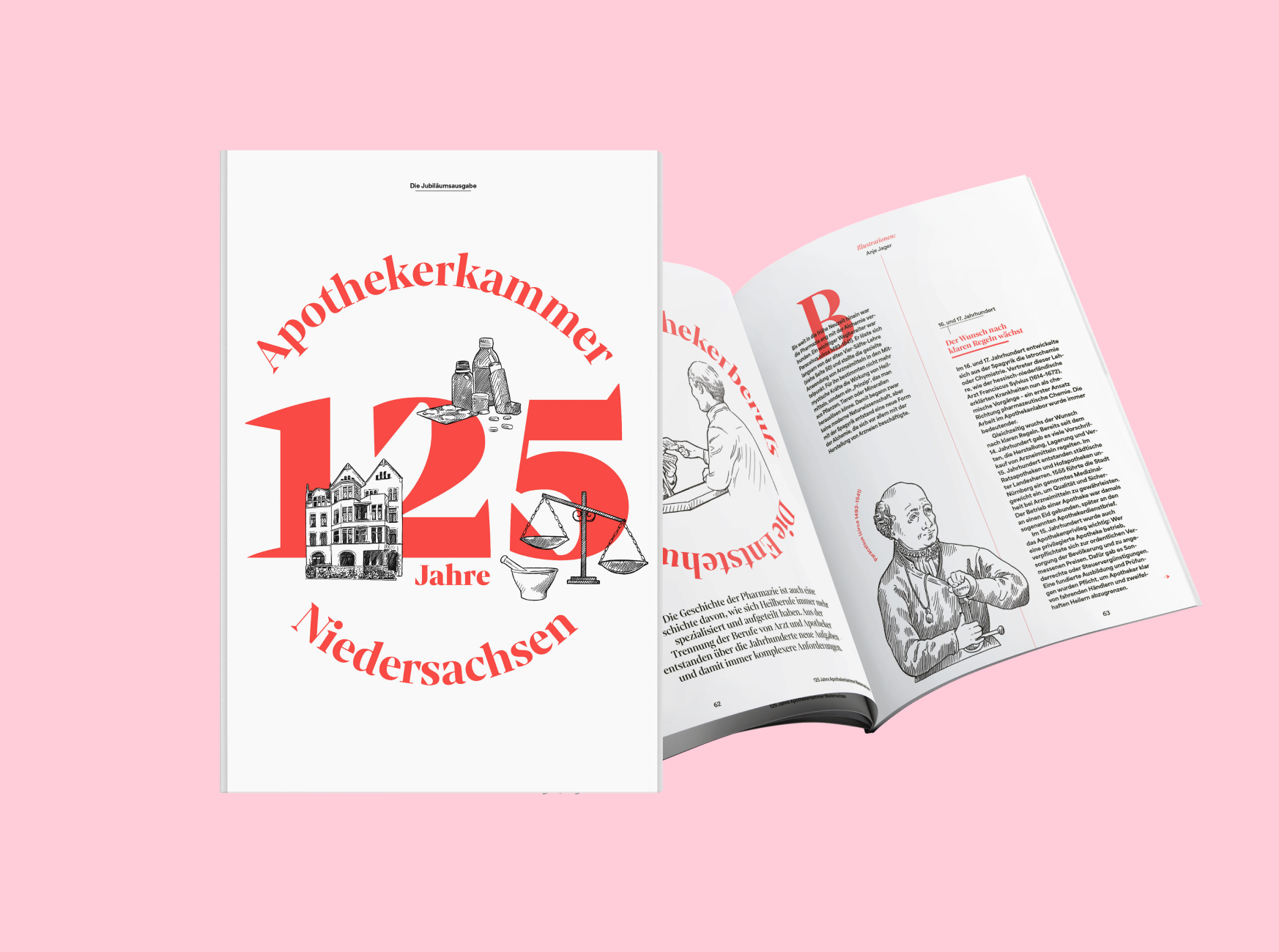 Das Cover und eine aufgeschlagene Doppelseite des Magazins zum Apothekerkammer Niedersachsen Jubiläum