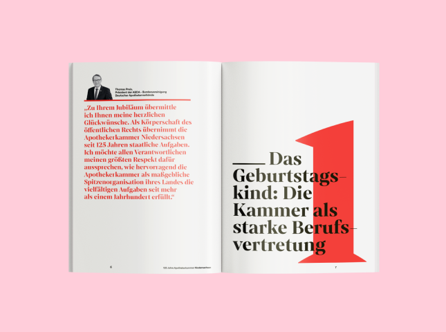 Eine Doppelseite aus dem Magazin für das Apothekerkammer Niedersachsen Jubiläum