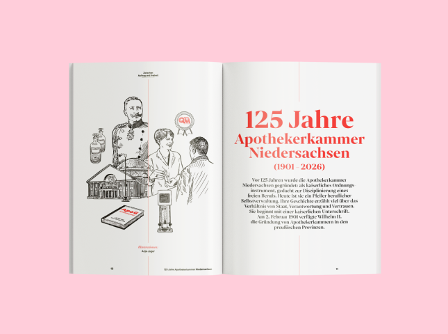 Eine Doppelseite aus dem Magazin für das Apothekerkammer Niedersachsen Jubiläum