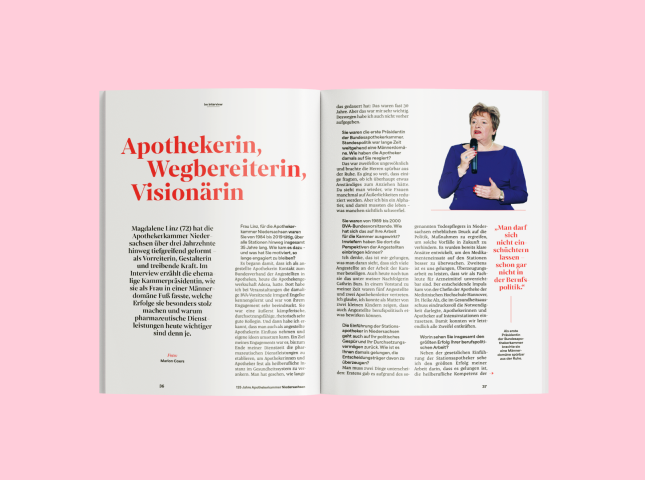 Eine Doppelseite aus dem Magazin für das Apothekerkammer Niedersachsen Jubiläum